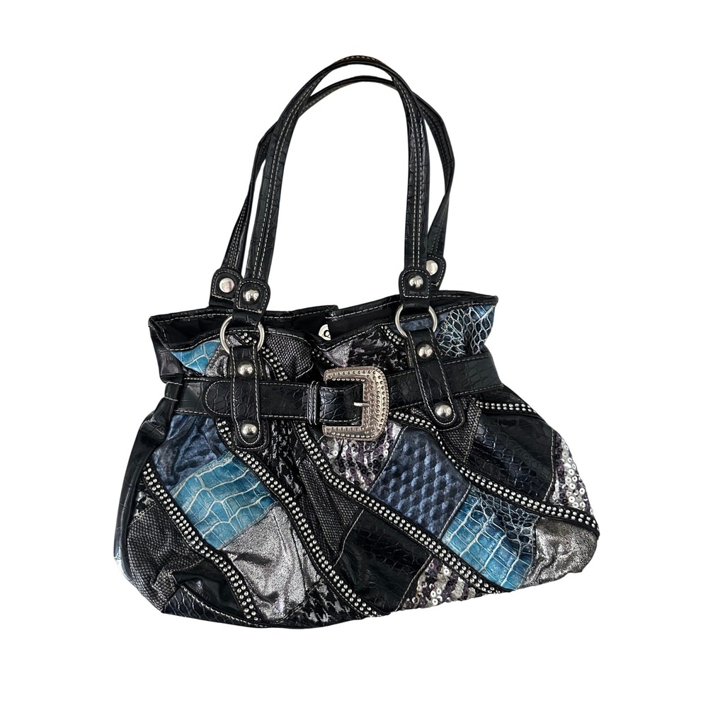 Western Patchwork Shoulder Bag Black Blue Faux Croc Snakeskin Sequin Buckle Y2K